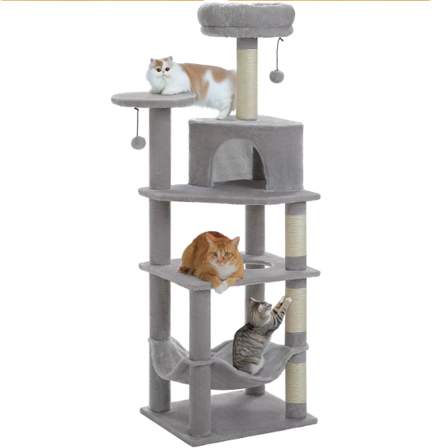 Arbre à chat 140 cm avec niche, hamac et poteaux en sisal