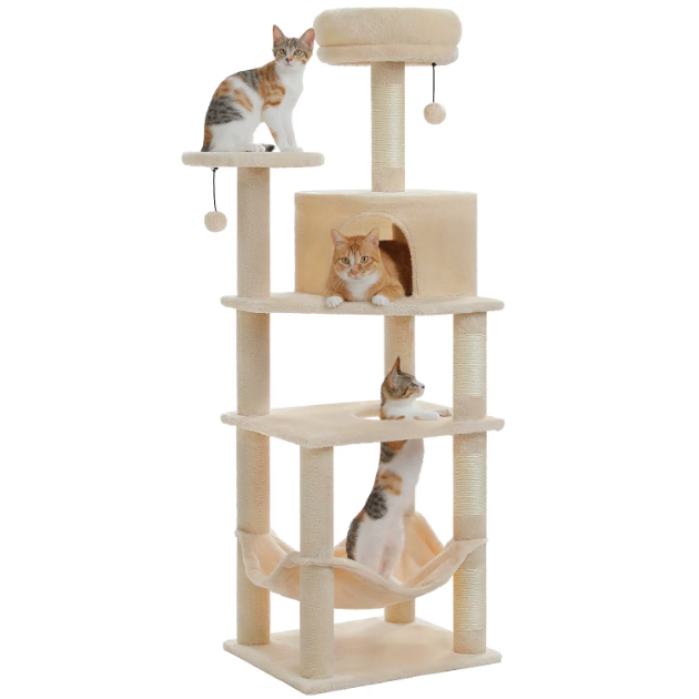 Arbre à chat 140 cm avec niche, hamac et poteaux en sisal