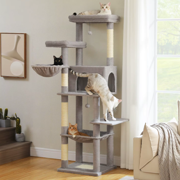 Arbre à chat 186 cm avec niche, hamac, panier et poteaux en sisal