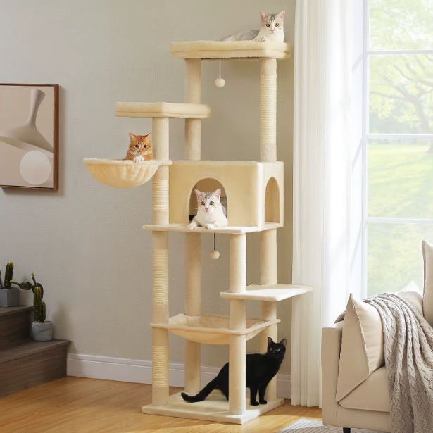 Arbre à chat 186 cm avec niche, hamac, panier et poteaux en sisal