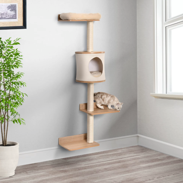 Arbre à chat mural avec plateformes, poteaux en sisal et niche