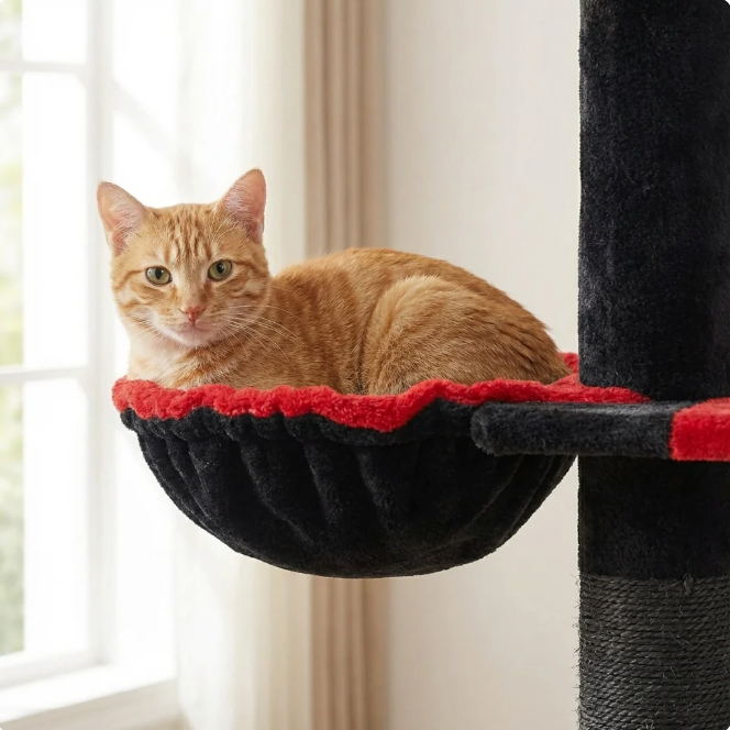 Arbre à chat réglable du sol au plafond avec plateformes, niche et hamac