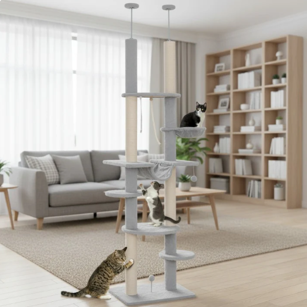 Arbre à chat réglable sol plafond 225–255 cm avec plateformes et hamac