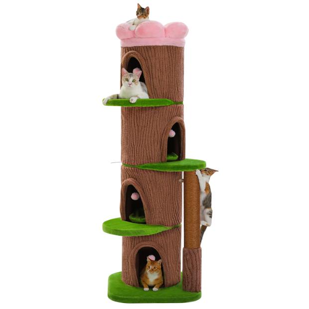 Arbre à chat multi-niveaux style tronc avec niches et plateformes