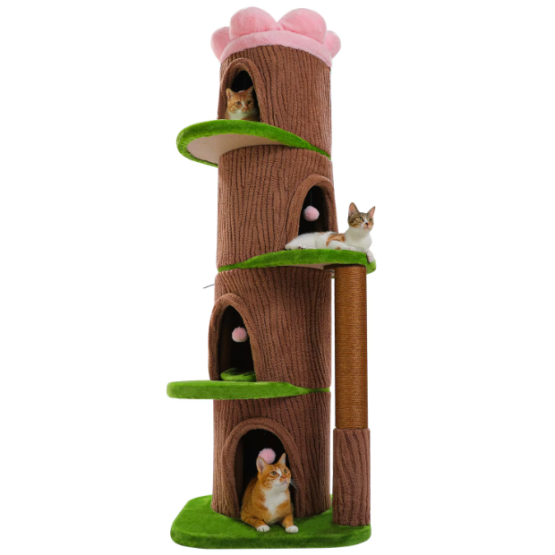 Arbre à chat multi-niveaux style tronc avec niches et plateformes