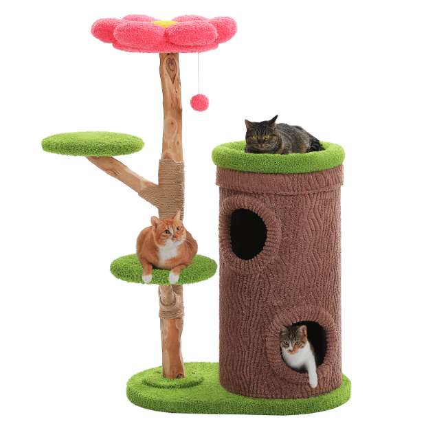 Arbre à chat multi-niveaux style tronc avec niches et plateformes
