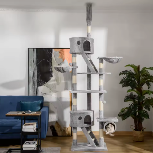 Arbre à chat réglable sol plafond 240–260 cm avec niches, plateformes et hamacs