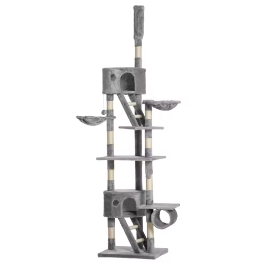 Arbre à chat réglable sol plafond 240–260 cm avec niches, plateformes et hamacs