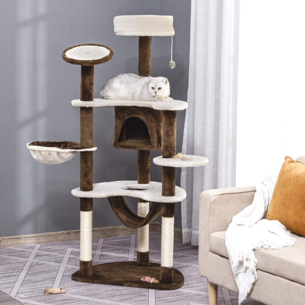 Arbre à chat multi-niveaux avec niche, hamac et panier – 153 cm