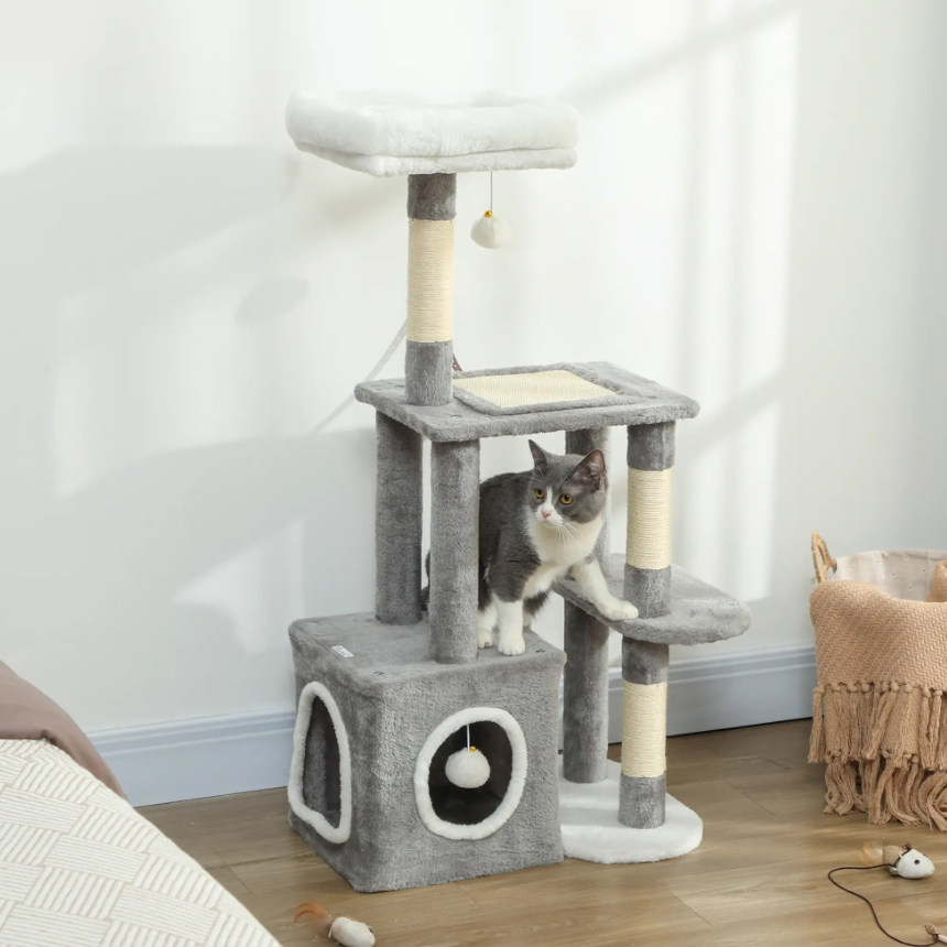 Arbre à chat multi-niveaux avec niche, plateformes et poteaux sisal – 107 cm