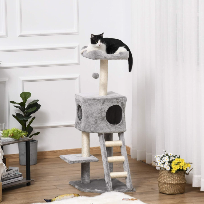 Arbre à chat multi-niveaux avec niche, échelle et poteaux sisal – 120 cm