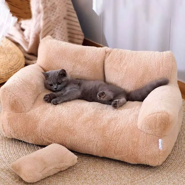 Canapé pour chat en peluche avec coussin et accoudoirs