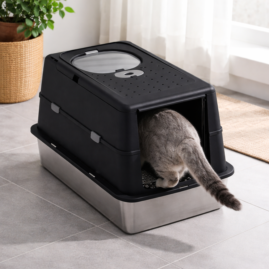 Bac à litière pour chat fermé avec entrée frontale et ouverture supérieure