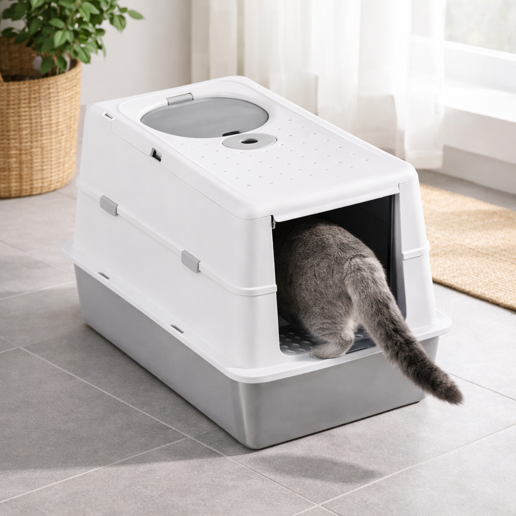 Bac à litière pour chat fermé avec entrée frontale et ouverture supérieure