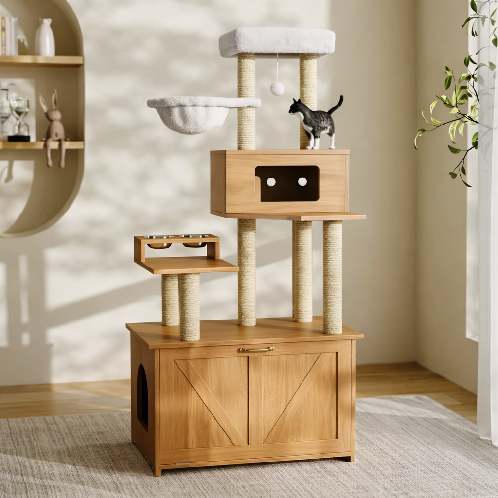 Arbre à chat meuble avec niche, plateforme et compartiment pour bac à litière 173 cm