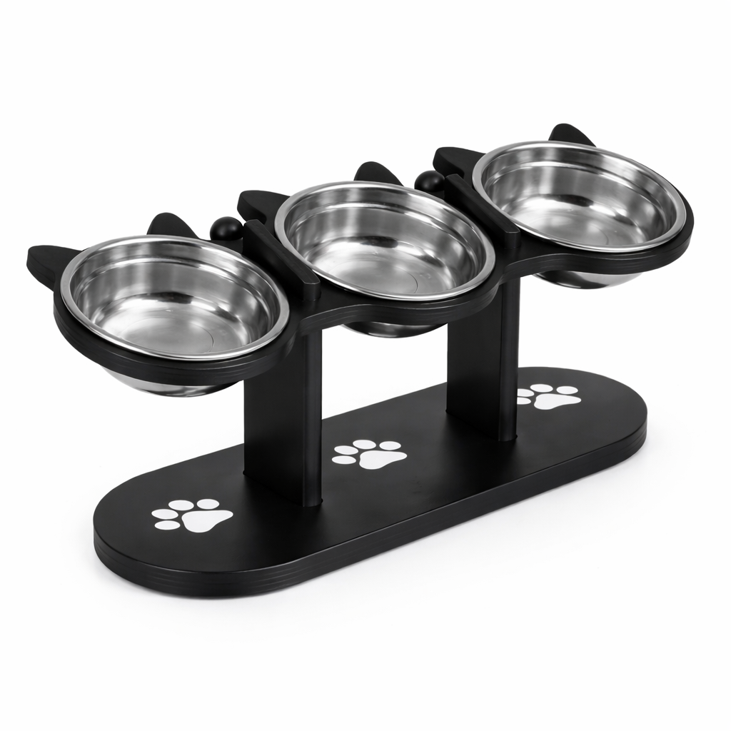 Support gamelle chat réglable avec 3 bols inox