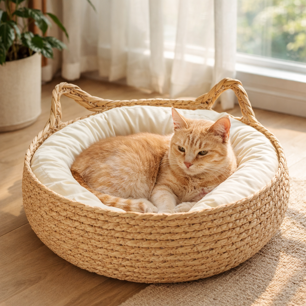 Panier rond en fibres tressées pour chat avec coussin amovible 46 cm