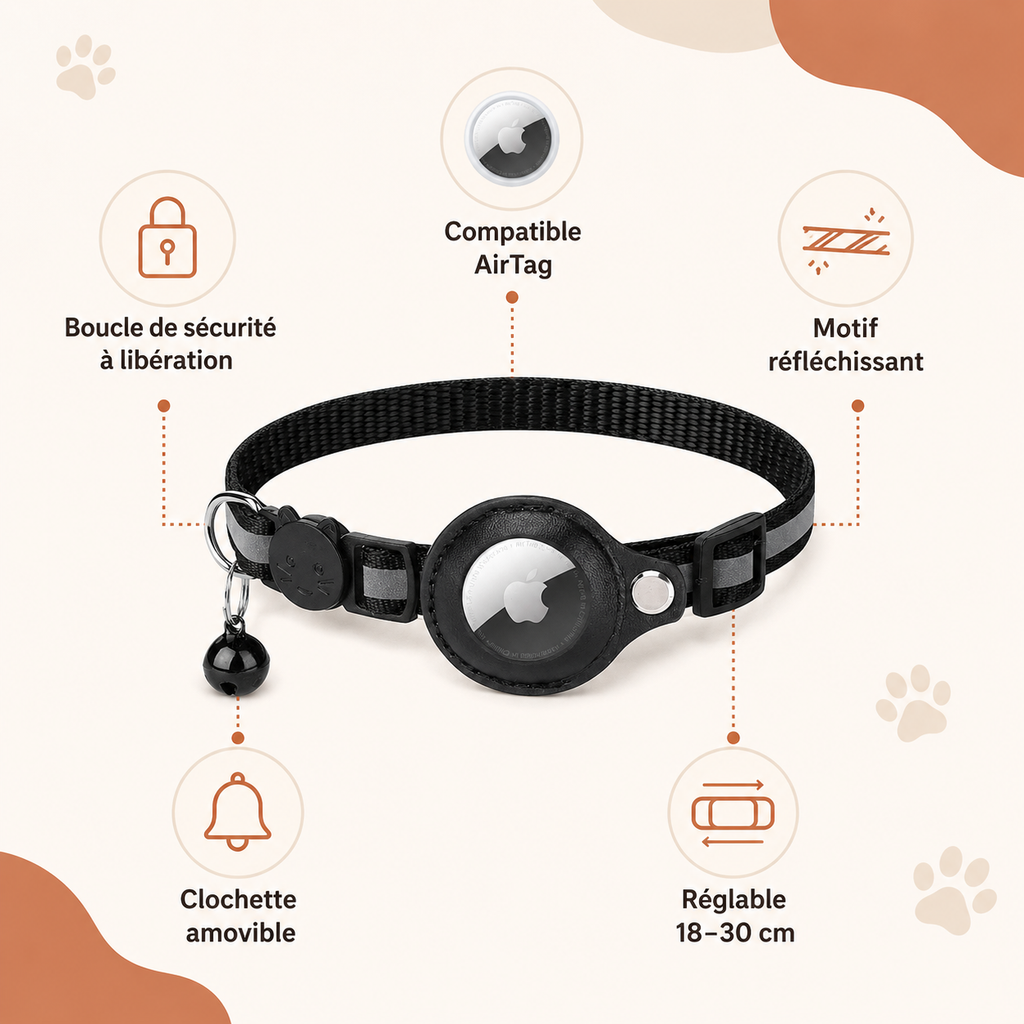 Collier pour chat compatible AirTag – Boucle de sécurité, clochette, réfléchissant