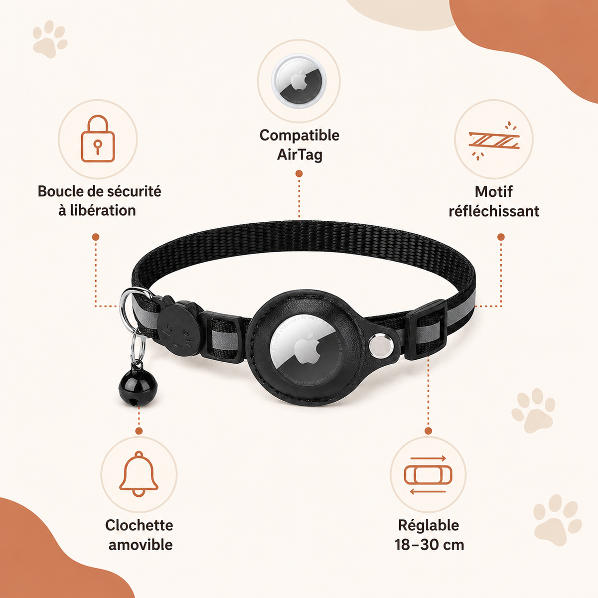 Collier pour chat compatible AirTag – Boucle de sécurité, clochette, réfléchissant