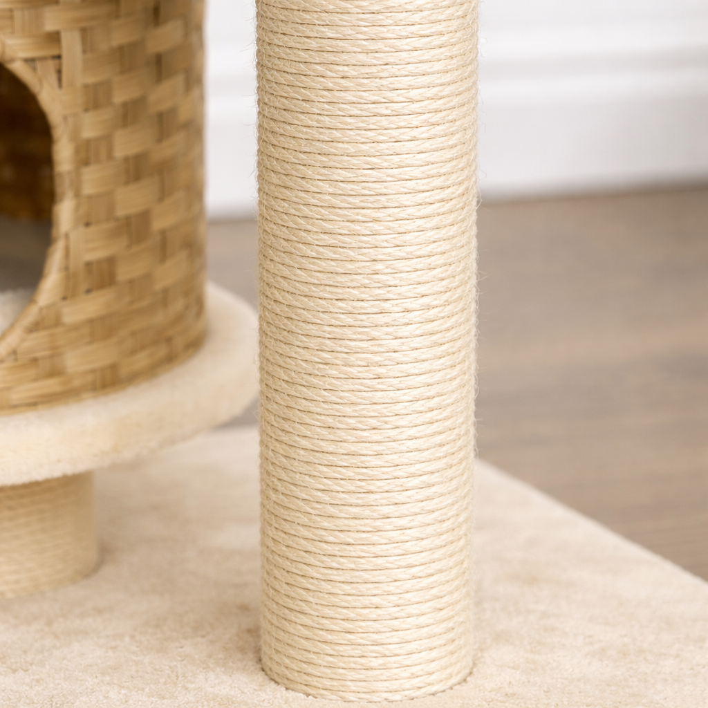 Arbre à chat avec niche rotin, plateforme et poteaux sisal – 95 cm