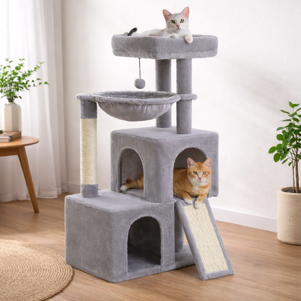 Arbre à chat multi-niveaux avec niche, hamac et rampe sisal – 100 cm