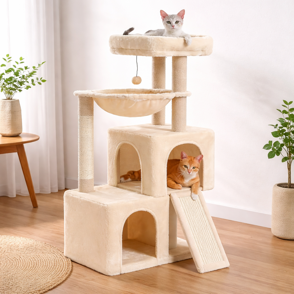 Arbre à chat multi-niveaux avec niche, hamac et rampe sisal – 100 cm