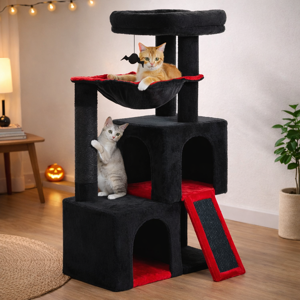 Arbre à chat multi-niveaux avec niche, hamac et rampe sisal – 100 cm