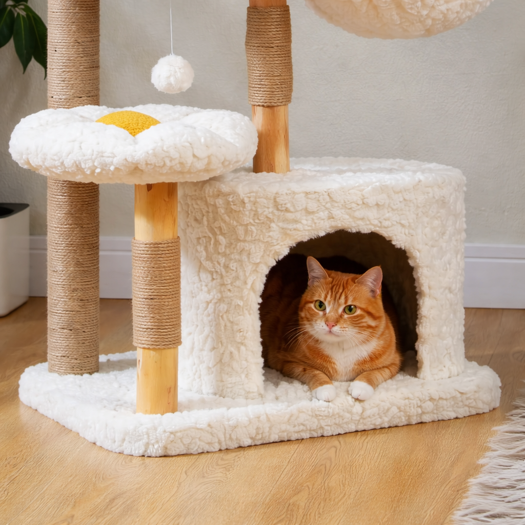 Arbre à chat multi-niveaux avec niche, hamac et panier rotin – 123 cm