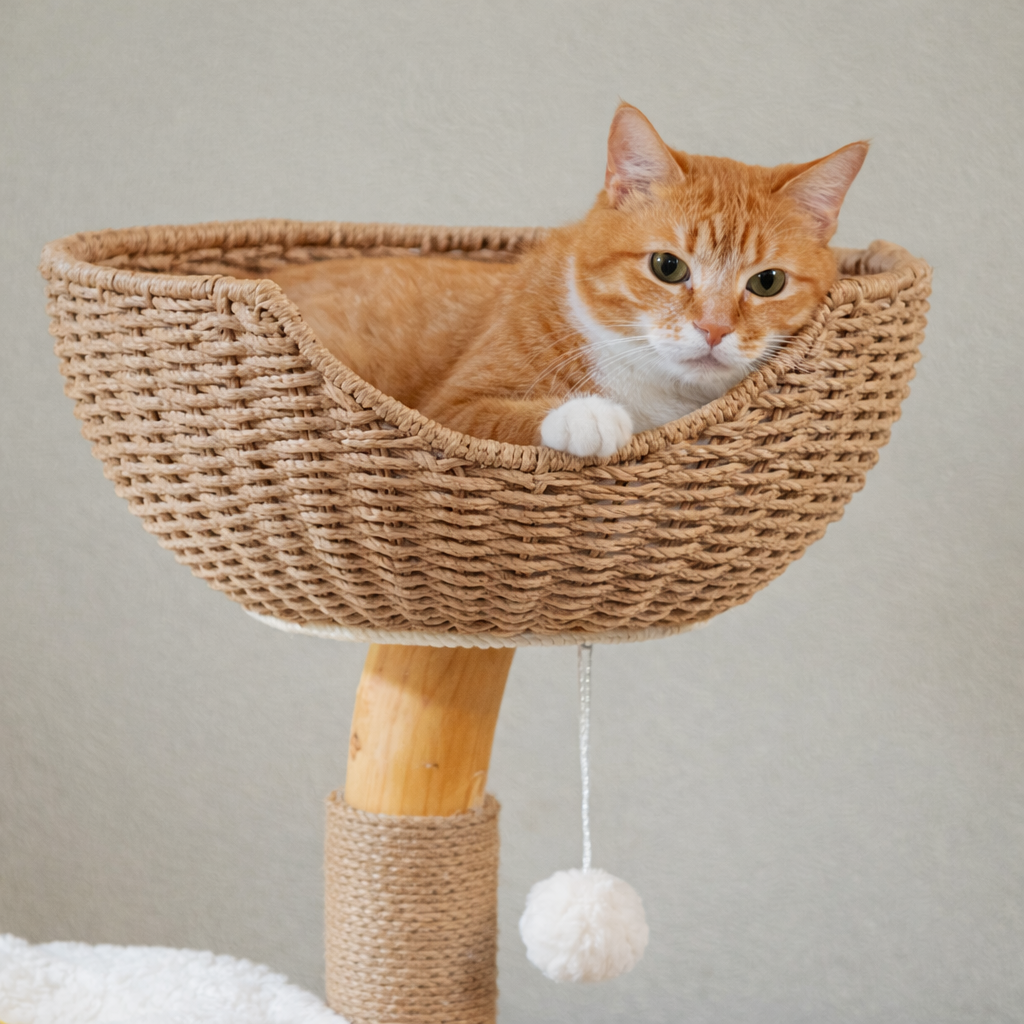 Arbre à chat multi-niveaux avec niche, hamac et panier rotin – 123 cm