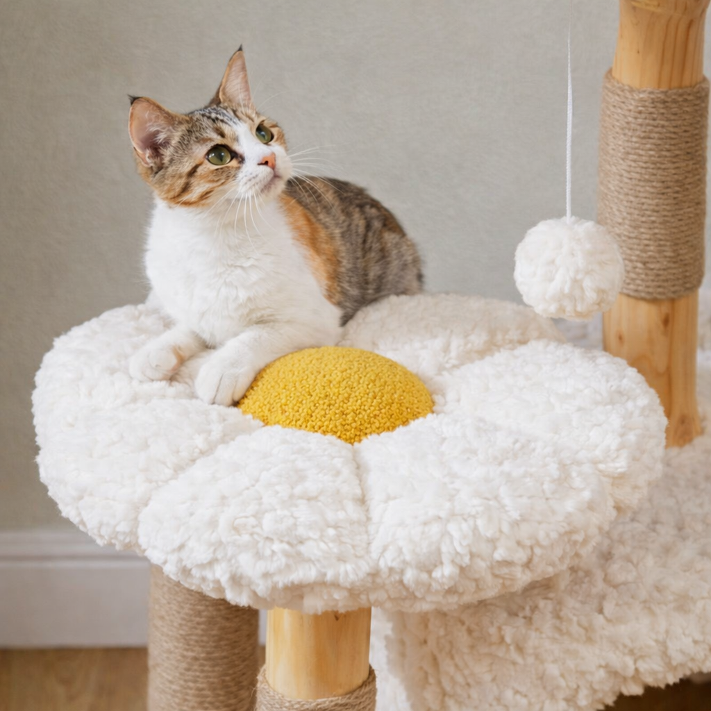 Arbre à chat multi-niveaux avec niche, hamac et panier rotin – 123 cm