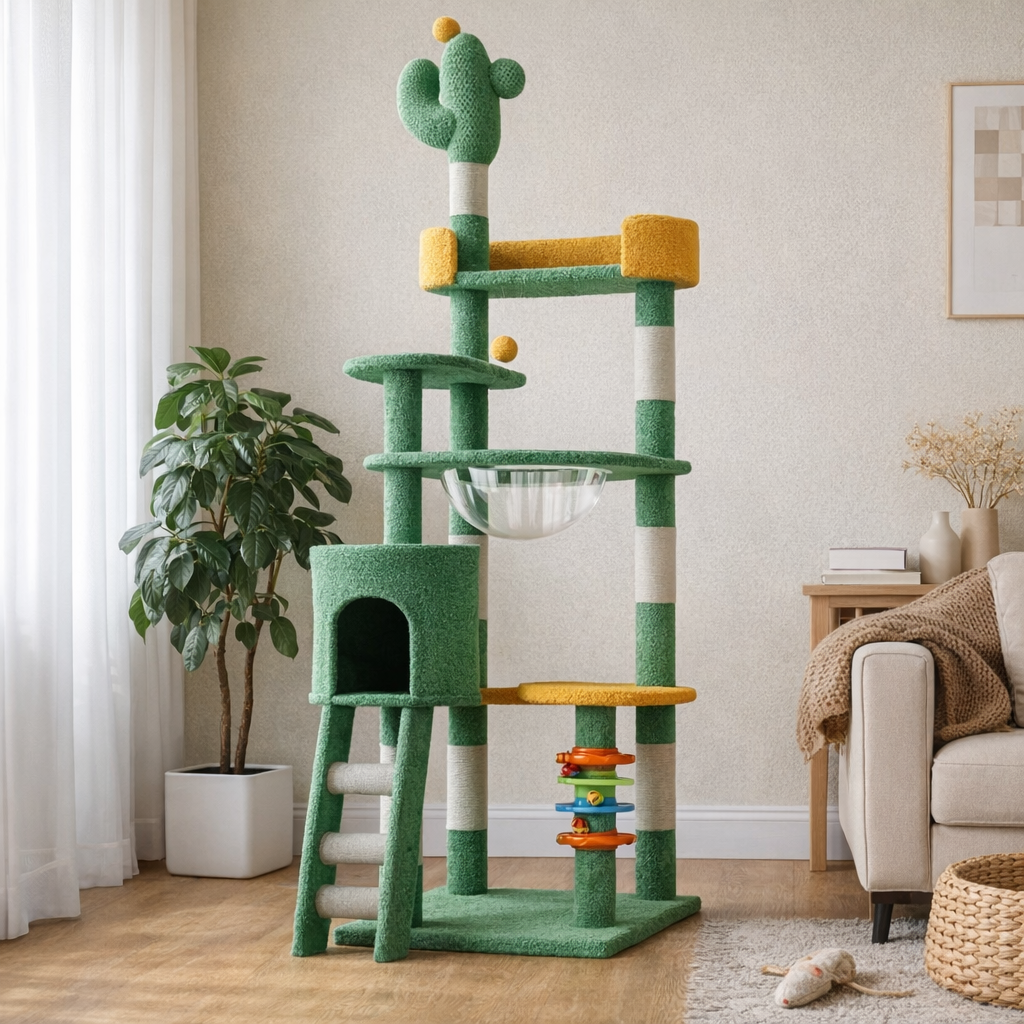 Arbre à chat cactus multi-niveaux avec capsule transparente et niche