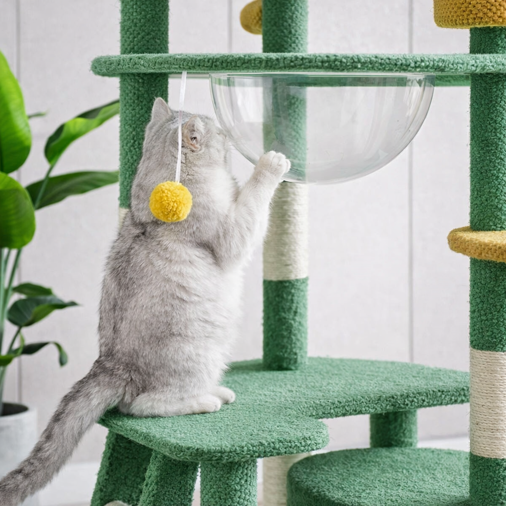 Arbre à chat cactus multi-niveaux avec capsule transparente et niche