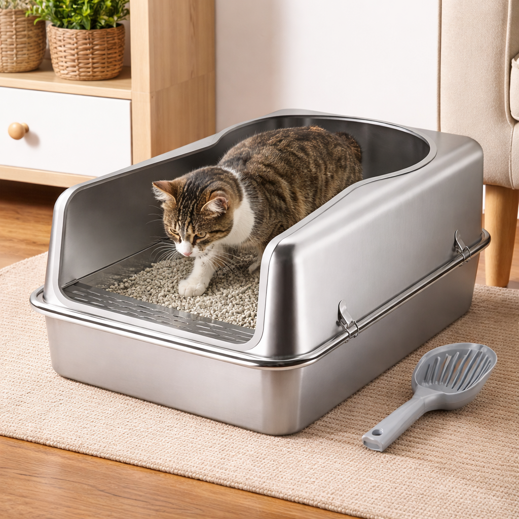 Bac à litière pour chat semi-fermé en acier inoxydable 60 cm