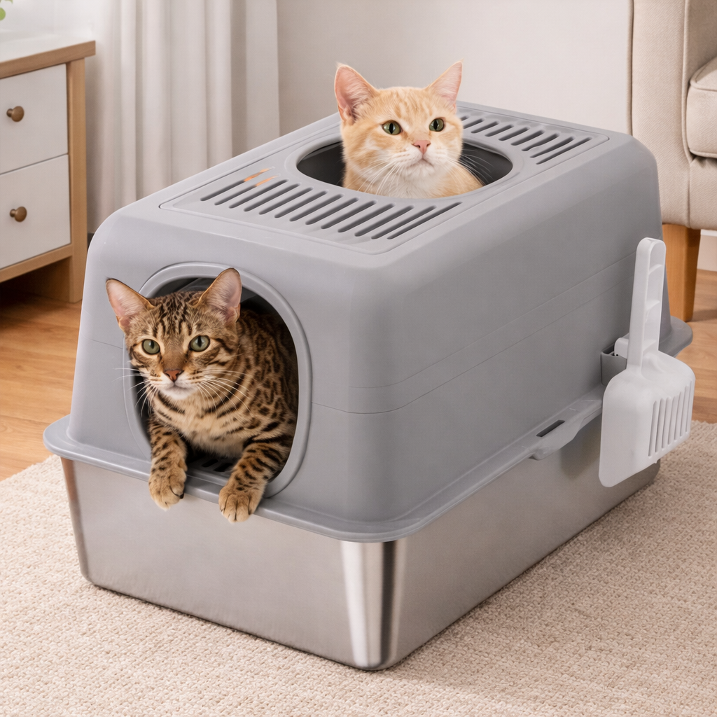 Bac à litière pour chat en acier inoxydable avec couvercle 60 cm