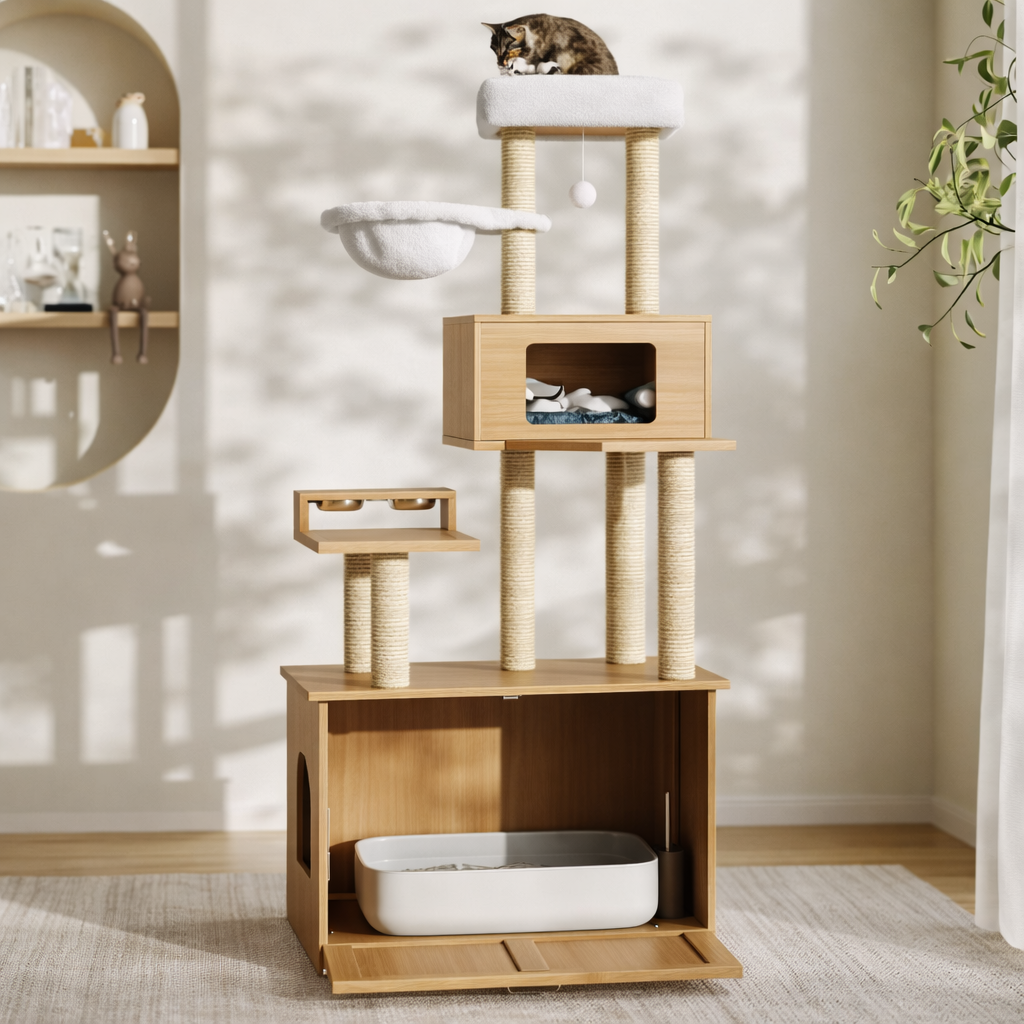 Arbre à chat meuble avec niche, plateforme et compartiment pour bac à litière 173 cm