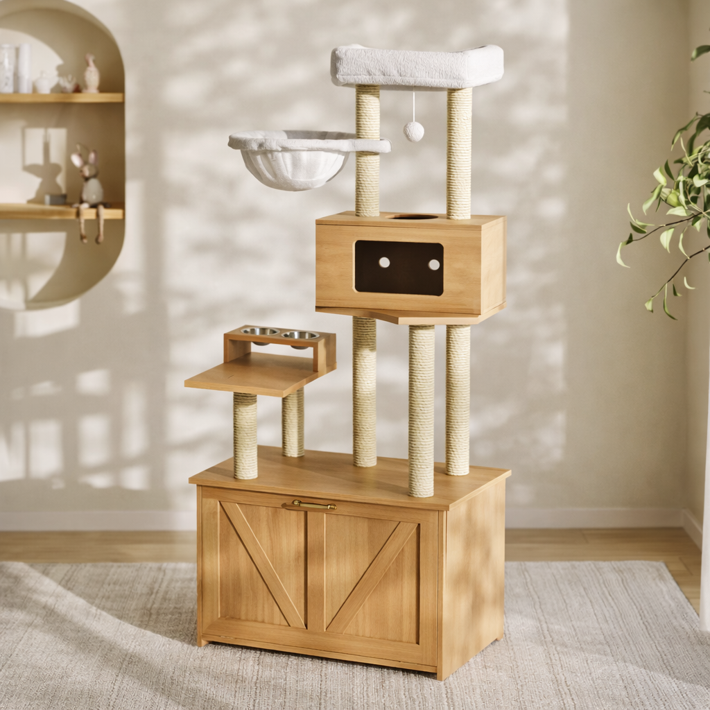 Arbre à chat meuble avec niche, plateforme et compartiment pour bac à litière 173 cm