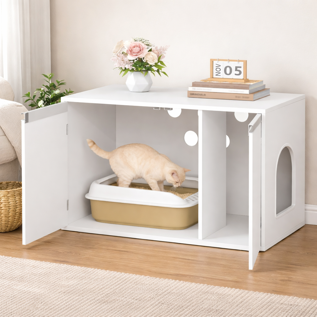 Meuble litière pour chat avec entrée latérale et séparation 80 cm