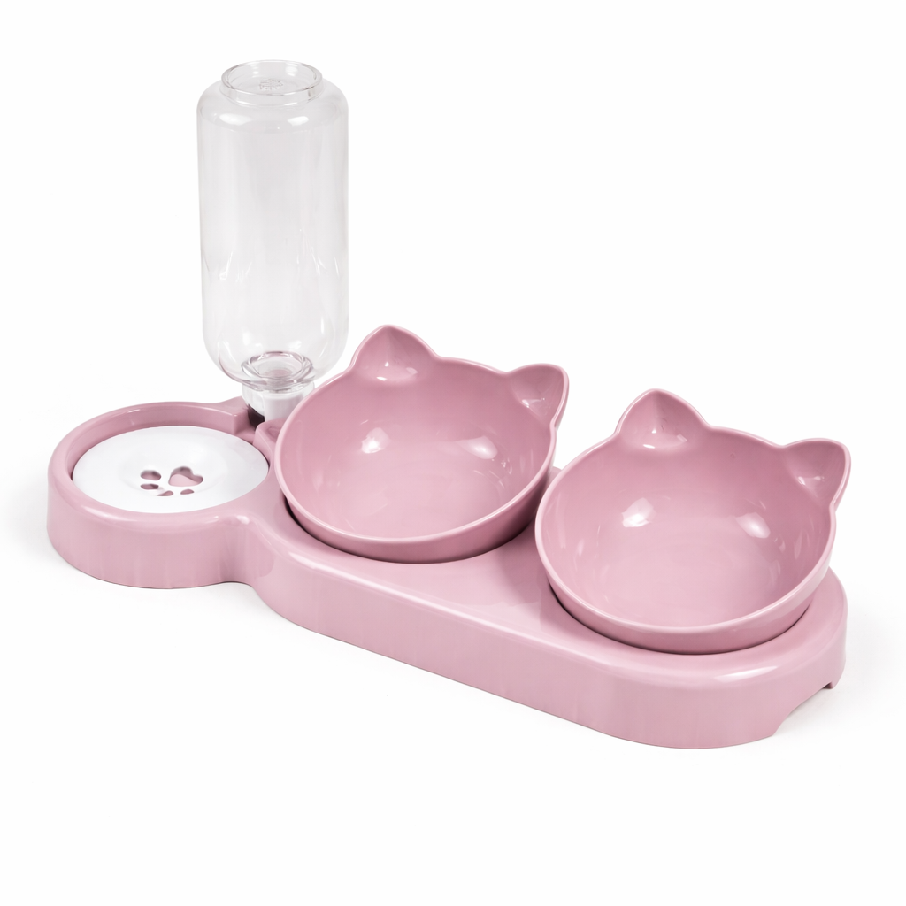 Distributeur de croquettes pour chat avec réservoir d’eau et double bol