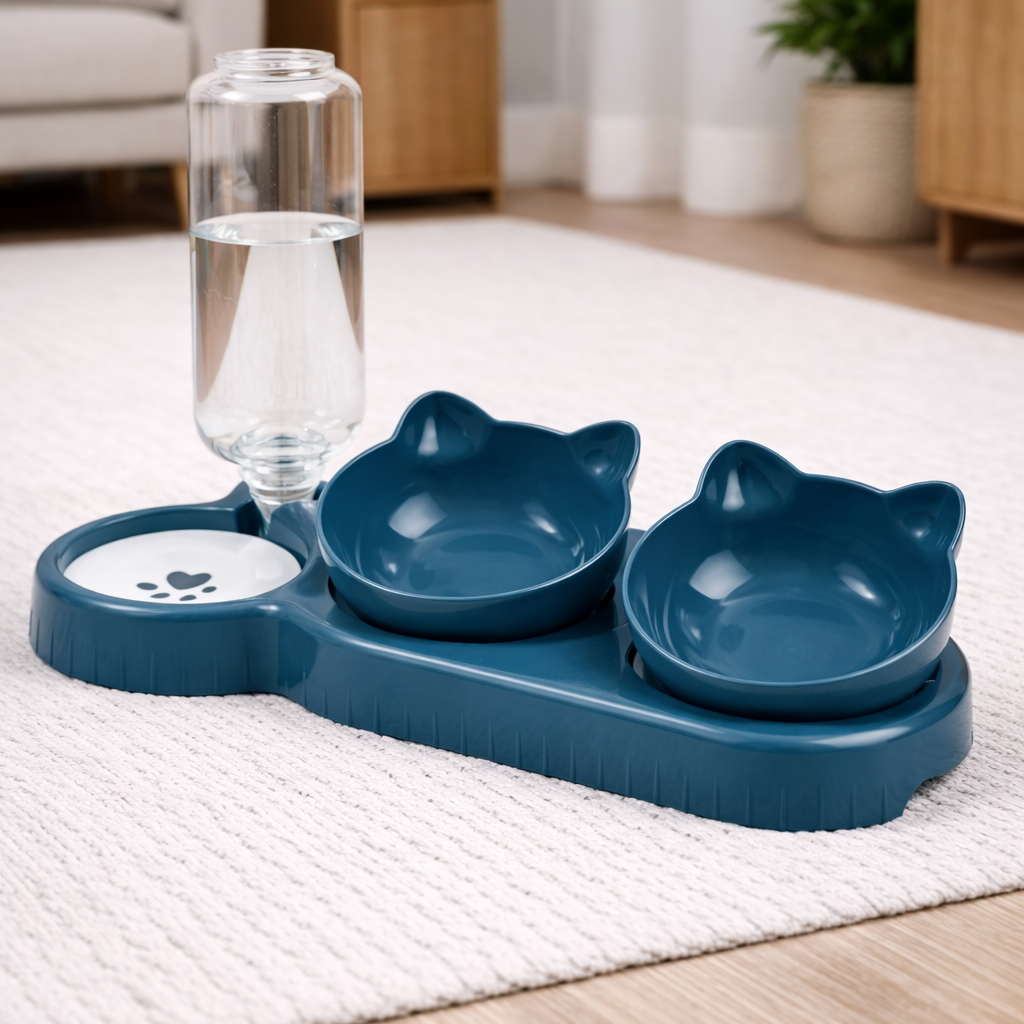 Distributeur de croquettes pour chat avec réservoir d’eau et double bol