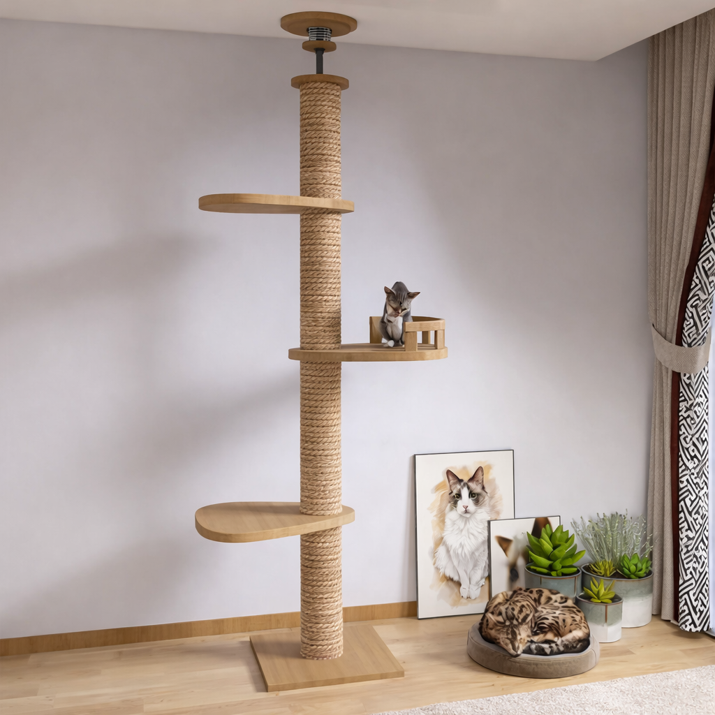 Arbre à chat en bois 250–270 cm fixation plafond avec poteau sisal