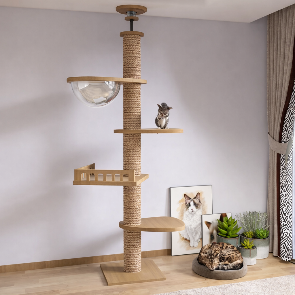 Arbre à chat en bois 250–270 cm fixation plafond avec poteau sisal