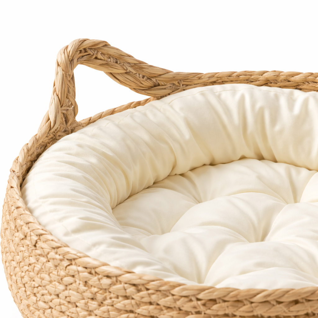 Panier rond en fibres tressées pour chat avec coussin amovible 46 cm