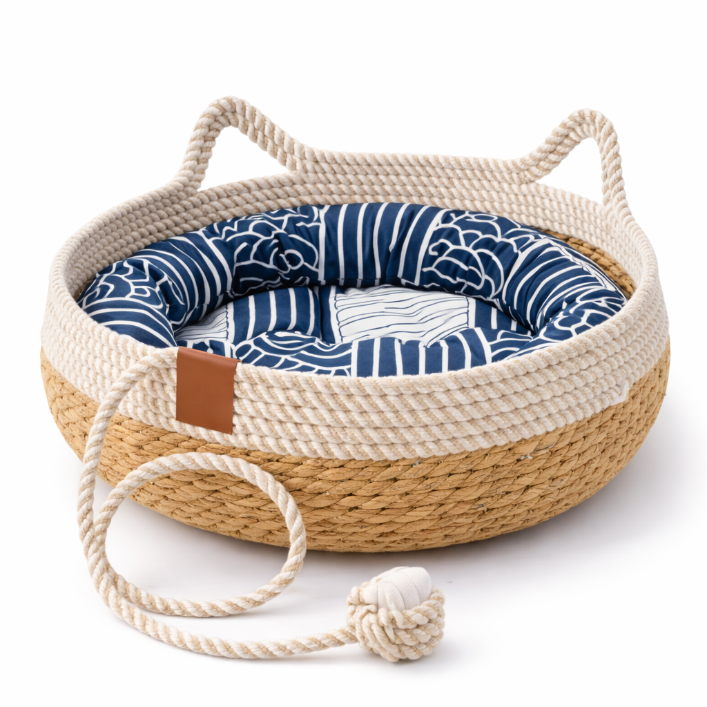 Panier rond en corde tressée pour chat avec coussin amovible