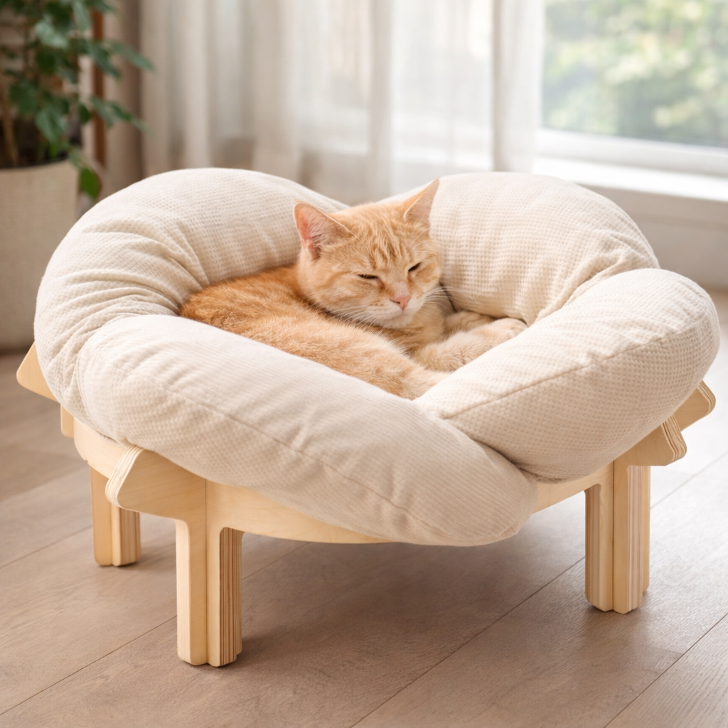Lit surélevé pour chat avec structure en bois et coussin amovible