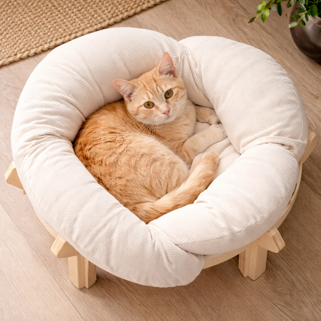 Lit surélevé pour chat avec structure en bois et coussin amovible