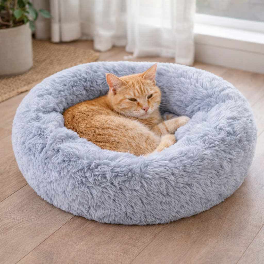 Panier rond en peluche pour chat avec bord surélevé