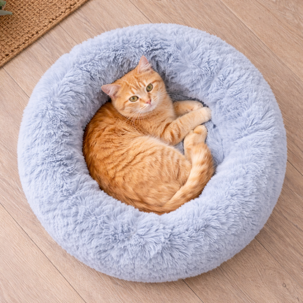 Panier rond en peluche pour chat avec bord surélevé