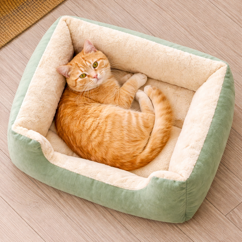 Panier rectangulaire en peluche pour chat avec rebords surélevés