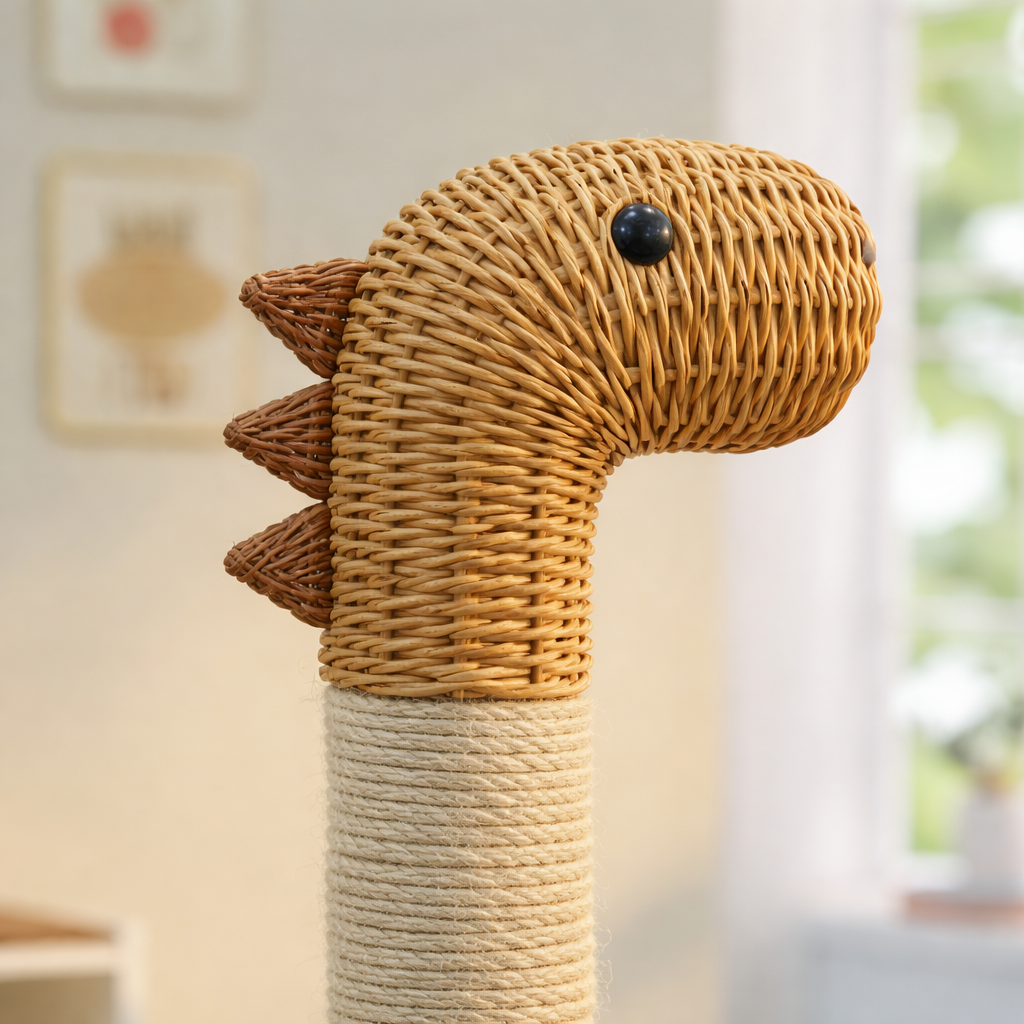 Arbre à chat dinosaure en rotin avec coussin et poteaux en sisal 116 cm