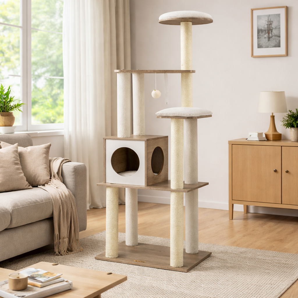 Arbre à chat multi-niveaux avec niche et poteaux en sisal 165 cm